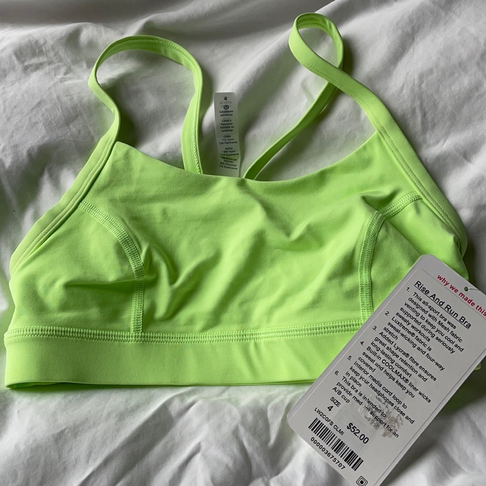 Lululemon neon green Rise and Run sports bra